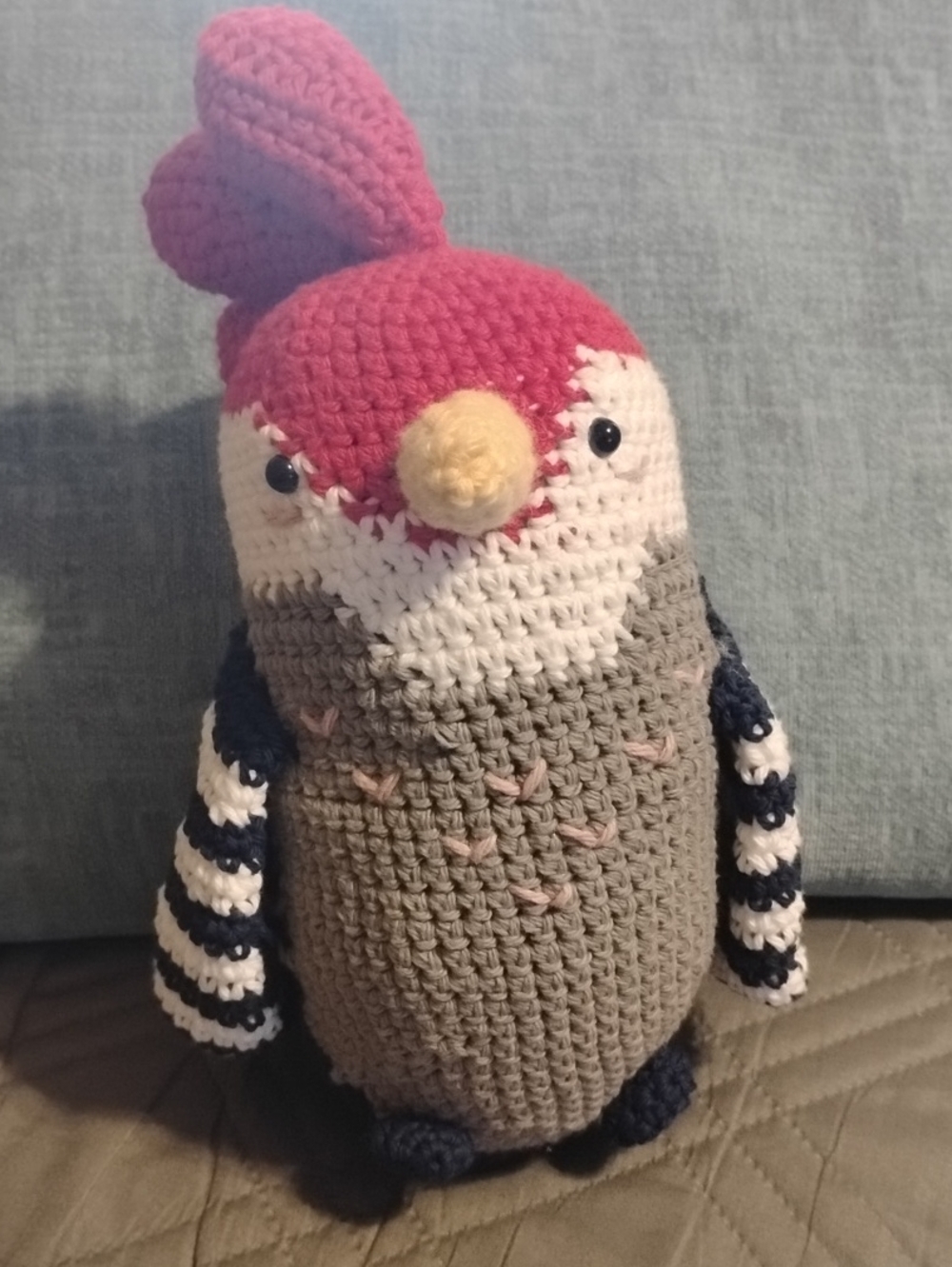 Handmade Crochet Woodpecker Plush Toy - Pink & Gray